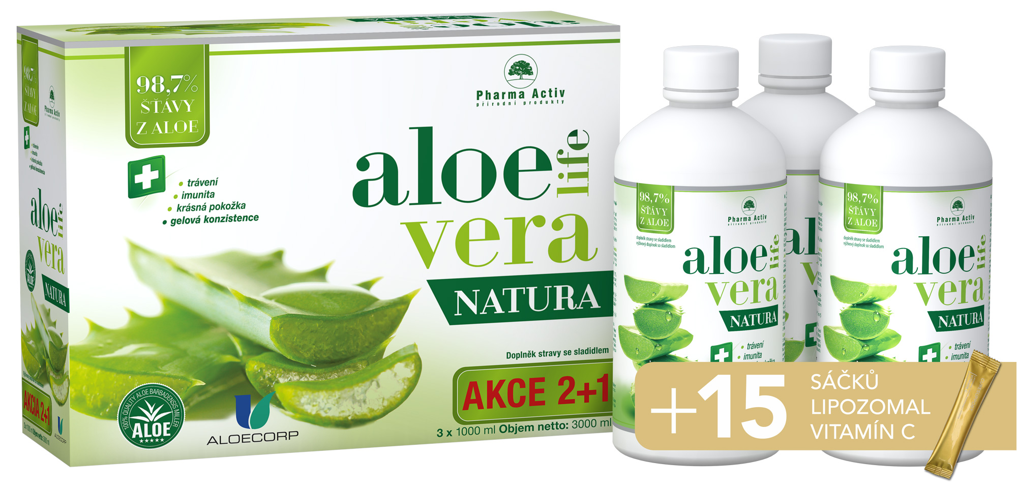 Zobrazit detail výrobku Pharma Activ AloeVeraLife Natura 2+1 1000 ml + Vitamín Lipo C 15 sáčků
