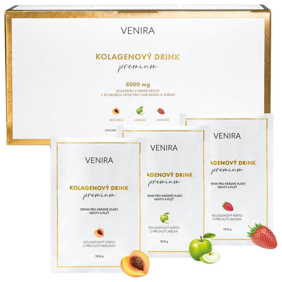 Zobrazit detail výrobku Venira Kolagenový drink pro vlasy, nehty a pleť s příchutí (meruňka, jablko, jahoda) 30 sáčků