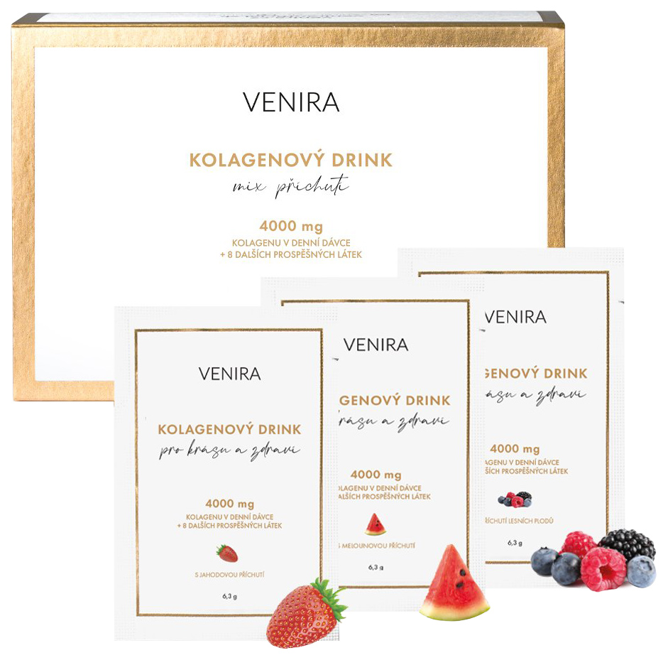 Zobrazit detail výrobku Venira Kolagenový nápoj pro vlasy, nehty a pleť příchutí (jahoda, meloun, lesní plody) 30 sáčků