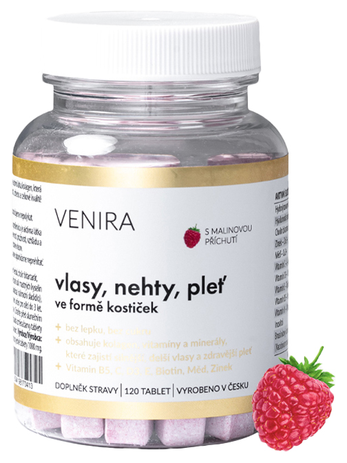 Zobrazit detail výrobku Venira Kostičky pro vlasy, nehty a pleť s příchutí malina 60 denní kůra 120 kapslí