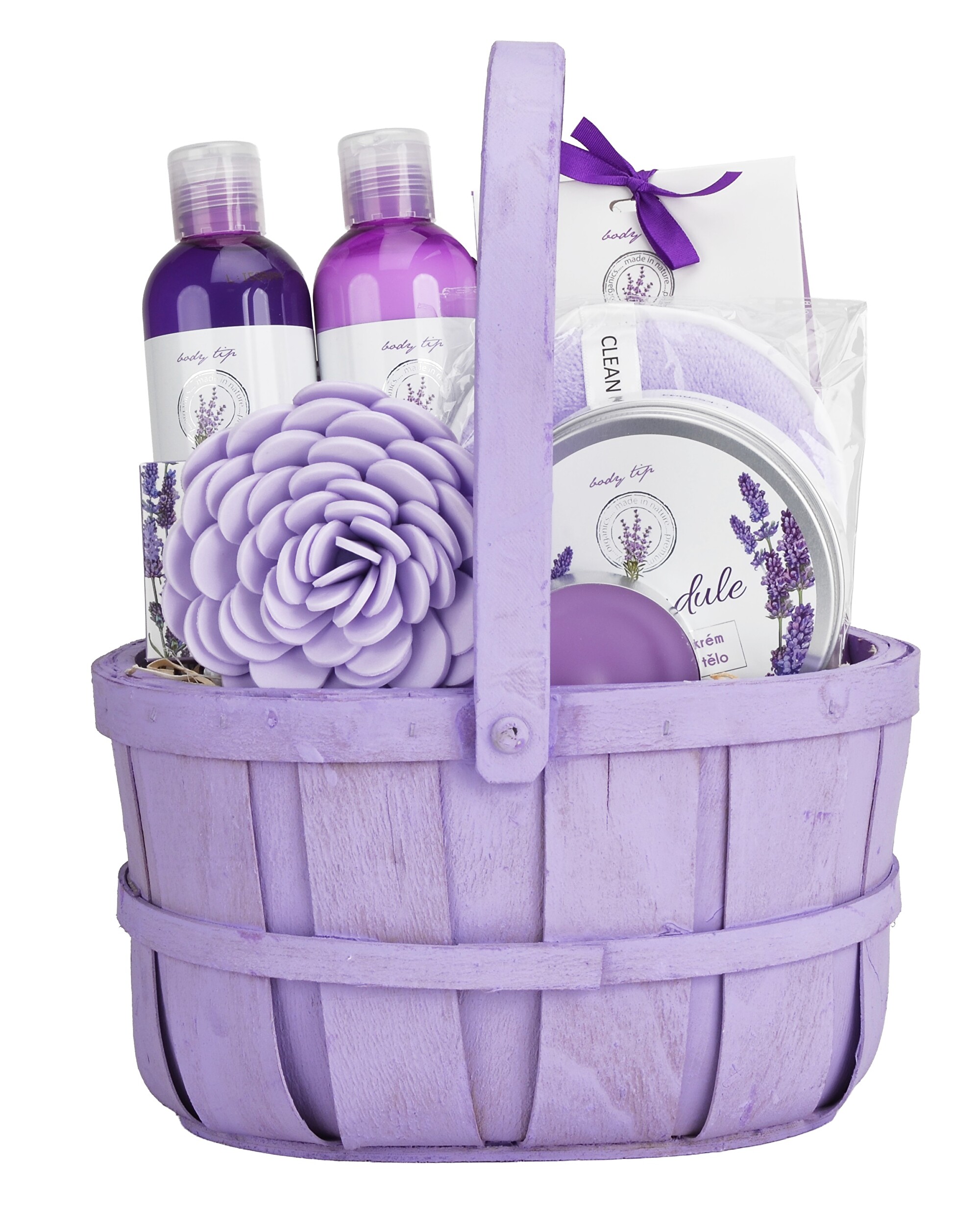 Dřevěný koš kosmetiky s levandulovým olejem